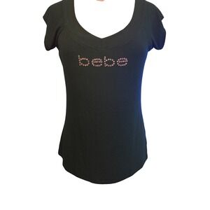 Y2K Bebe T-Shirt Women XL Green New Rhinestone Logo Ribbed V-Neck Cap Sleeve Top